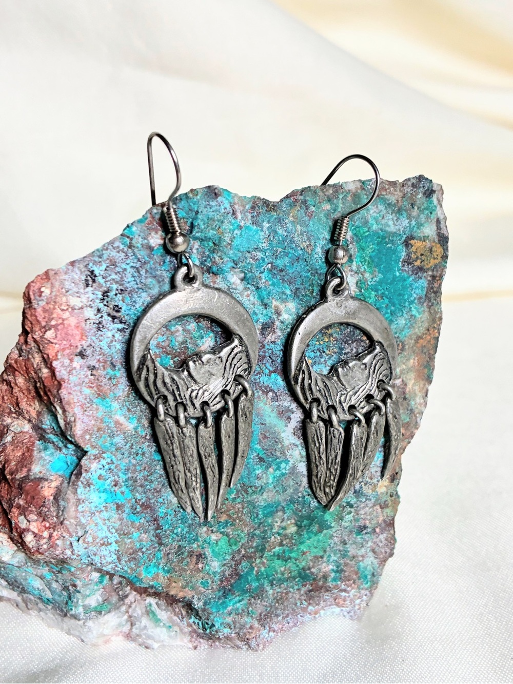 Night dreamer earrings crescent moon with lady sleeping #pewterjewelr